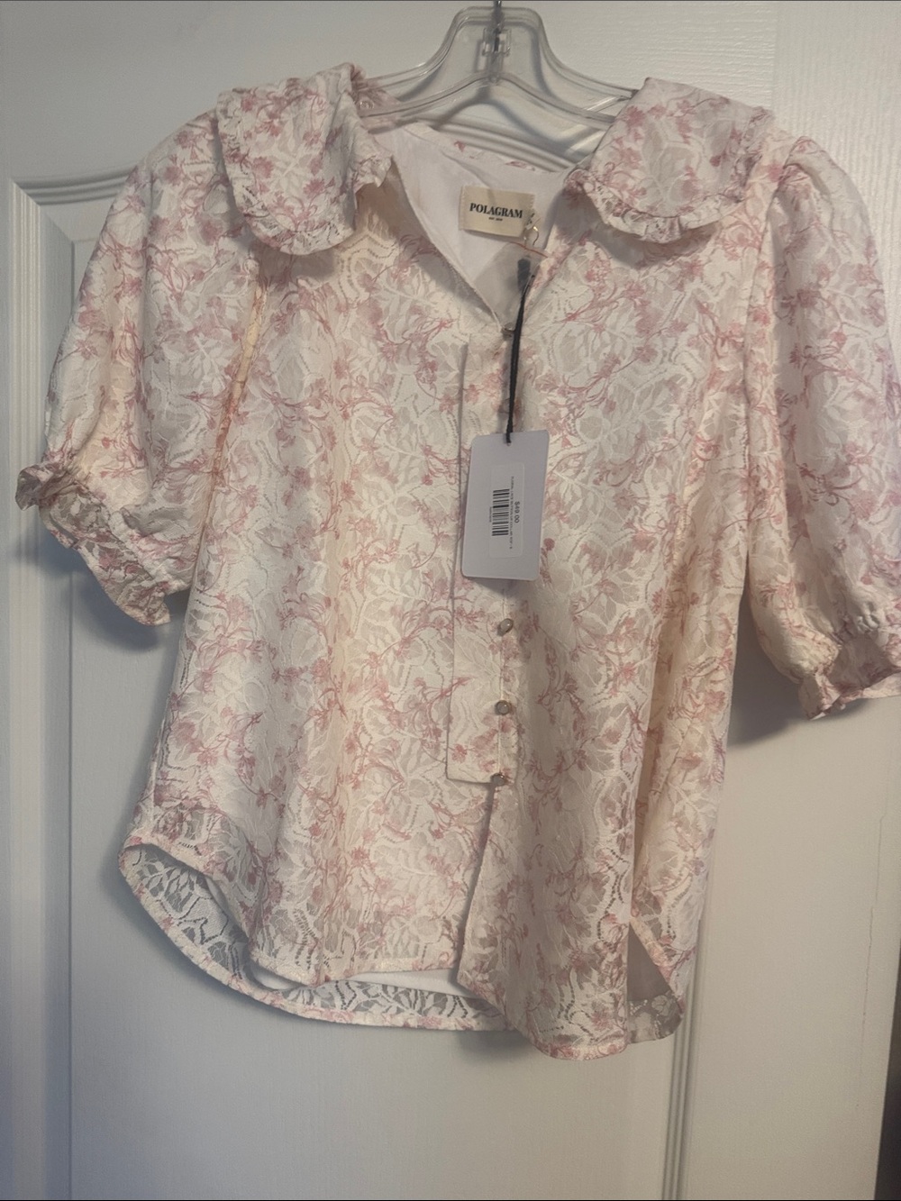 Polagram Cream and Pink Floral Lace Puff-Sleeve Blouse